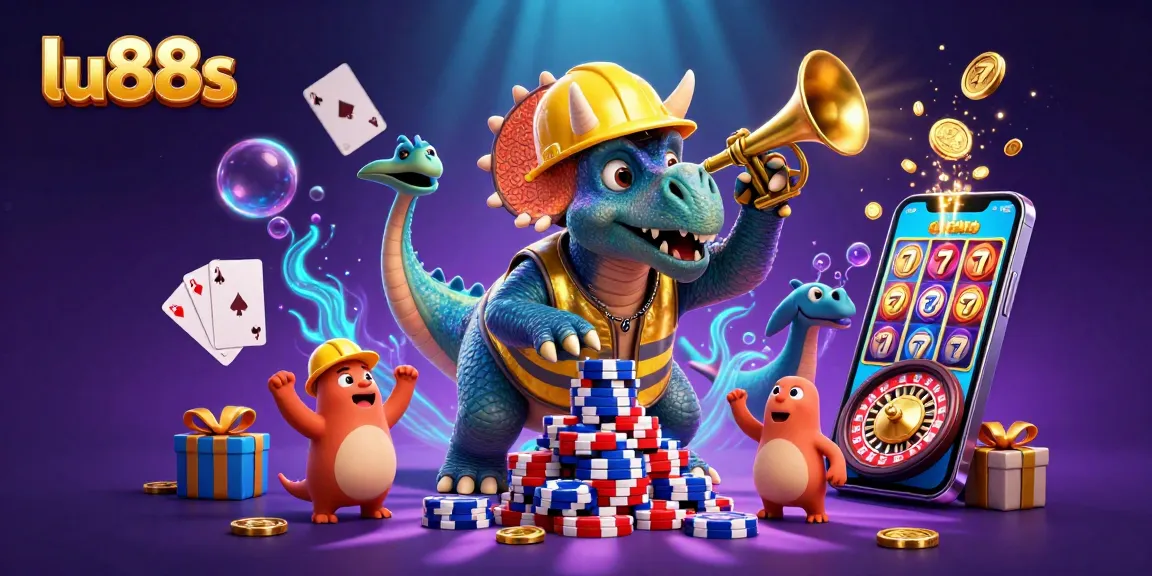 Experience the excitement of online slots with lu88s featuring a triceratops building poker chip pyramids.