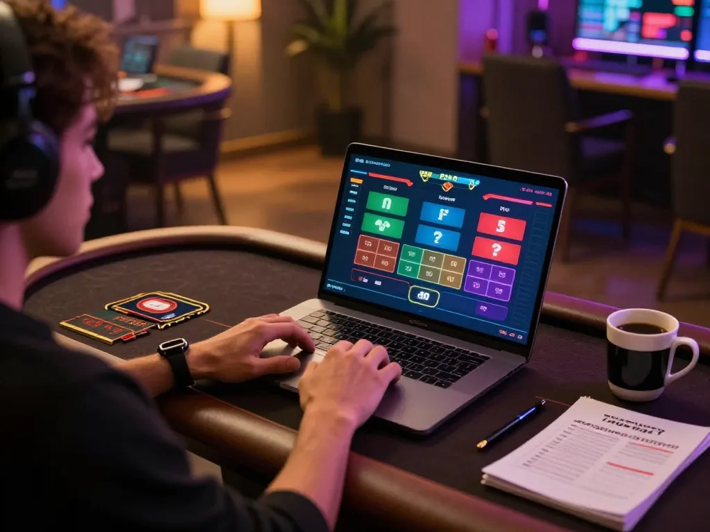 Engaged user playing Lc88 vin live dealer game on laptop at cozy home setup, showcasing online gambling strategy.