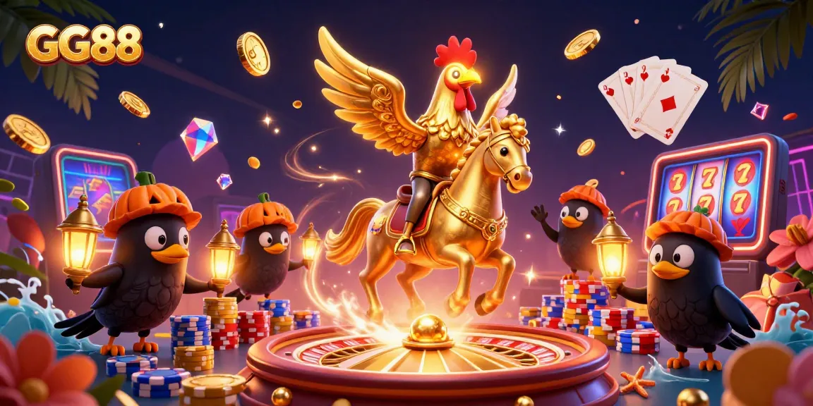 Celebrate wins with GG88 in an energetic midnight casino scene featuring golden rooster and treasure.