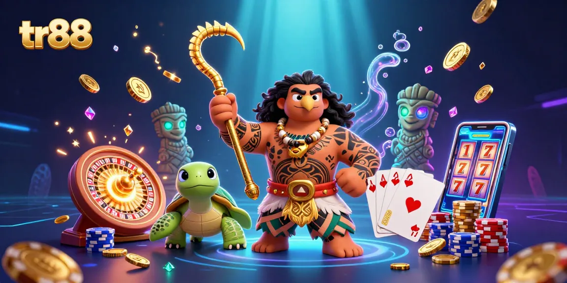 tr88 showcases dynamic casino gameplay with vibrant characters, gold coins, and roulette elements.