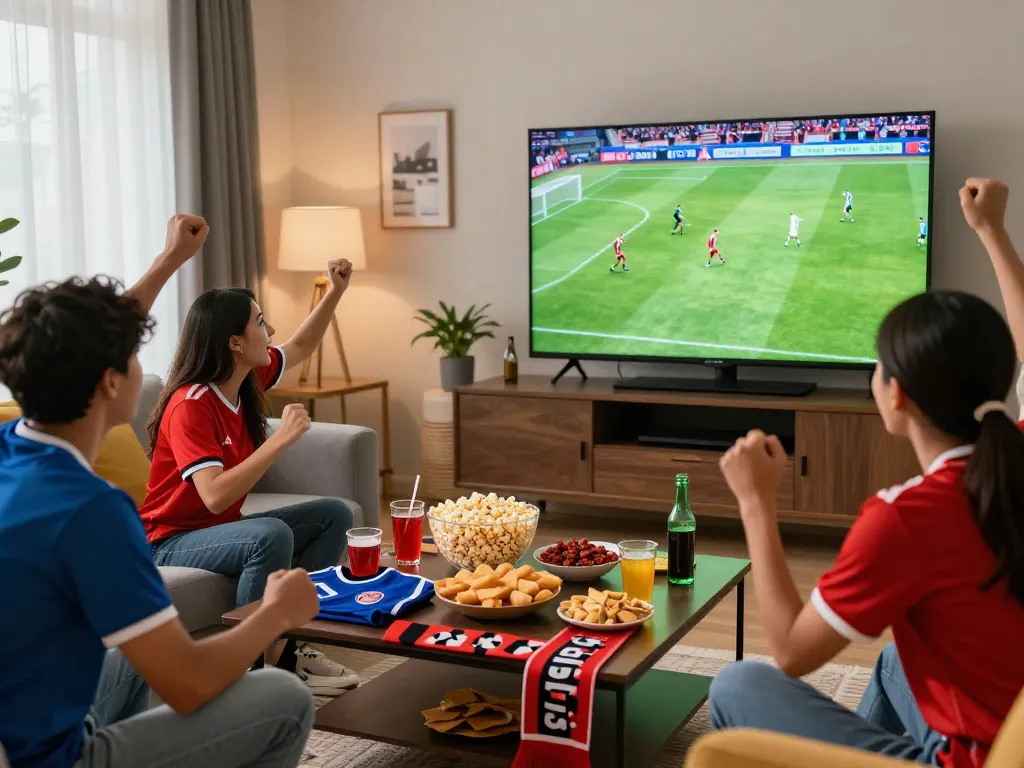 Excited friends enjoying a live soccer match on Luong Son TV with snacks and drinks.