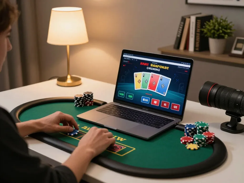 Engaging in online gaming at SC88 with a laptop, showcasing poker gameplay interface.