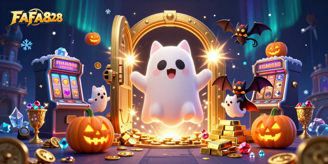 Engage with FAFA828's thrilling gaming experience featuring a ghost cat in a haunted casino scene.