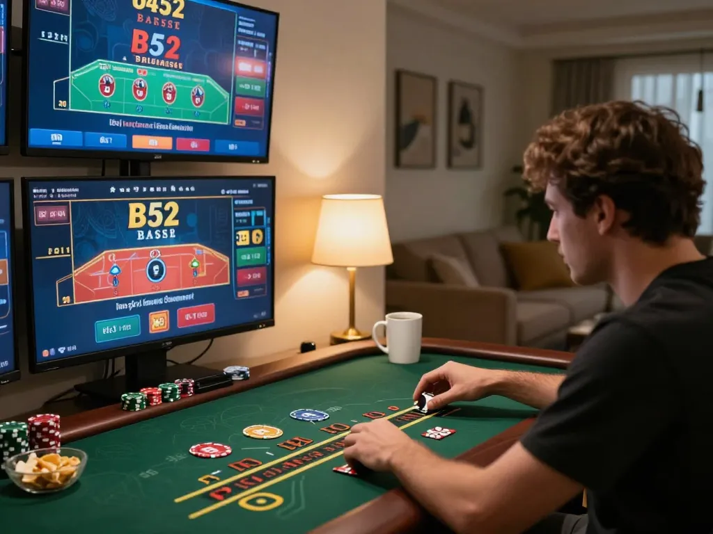 Player engaging in B52 blackjack at home, focused on live dealer action with multiple screens streaming gameplay.