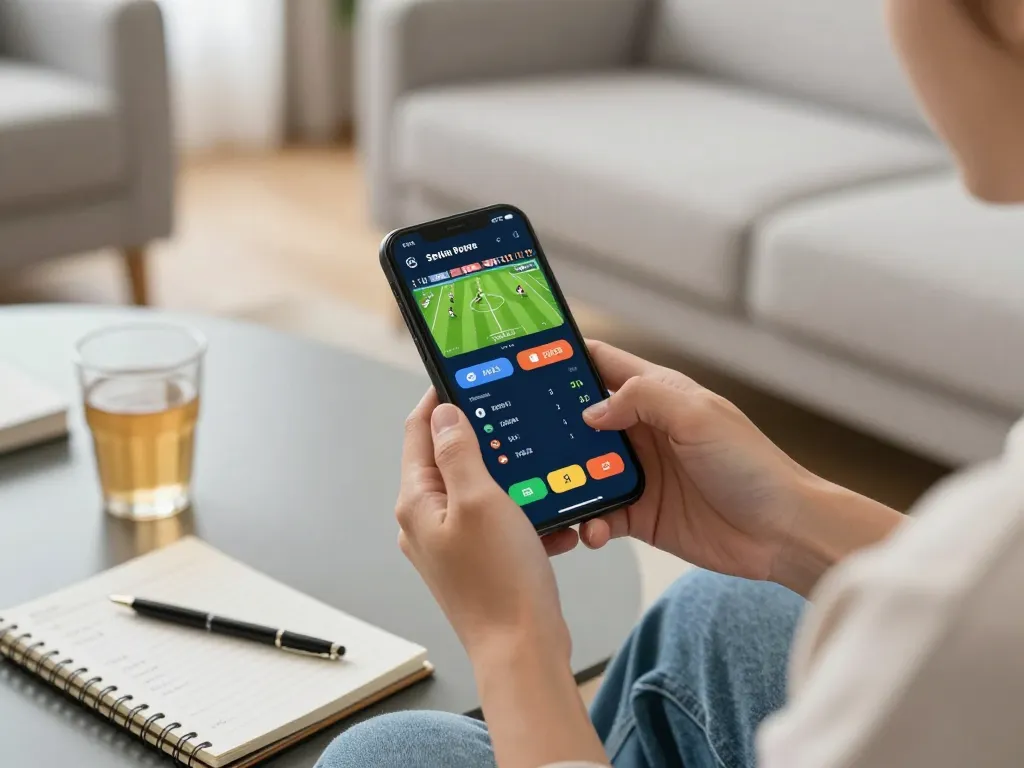 Engaging with tỷ lệ kèo nhà cái 5 on a mobile sports betting app in a cozy living room setting.