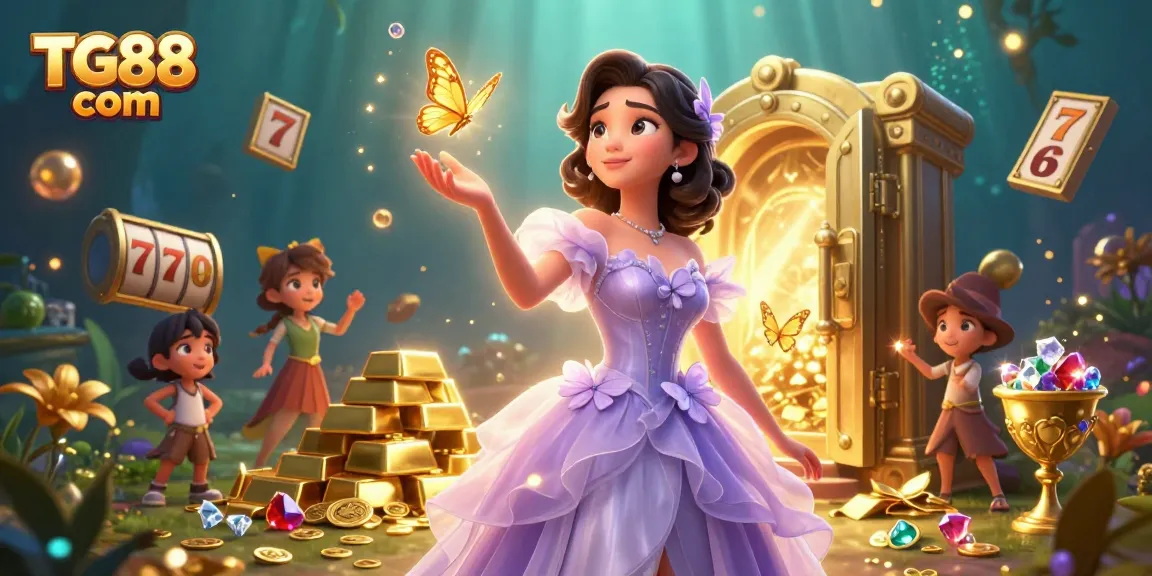 Experience winning with TG88 com in a vibrant casino-themed illustration featuring slot reels and treasures.