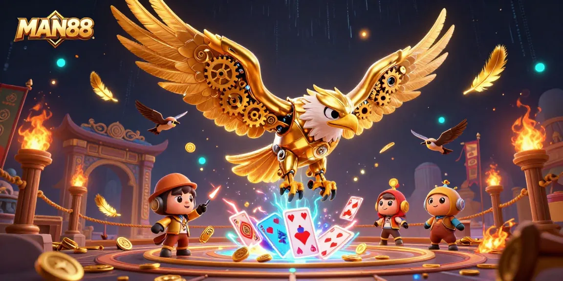 Engage with top-tier gaming at MAN88, featuring a golden eagle soaring through casino game elements.
