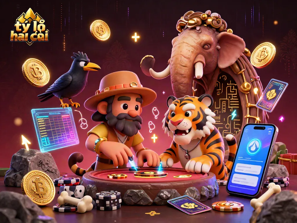 Bet on tỷ lệ nhà cái accuracy with engaging prehistoric casino characters amidst dynamic crypto and gaming elements.