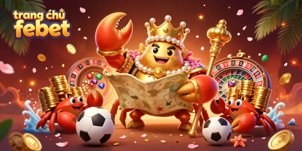 Experience vibrant gaming action at trang chủ febet with a golden crab emperor and treasures illuminating the scene.