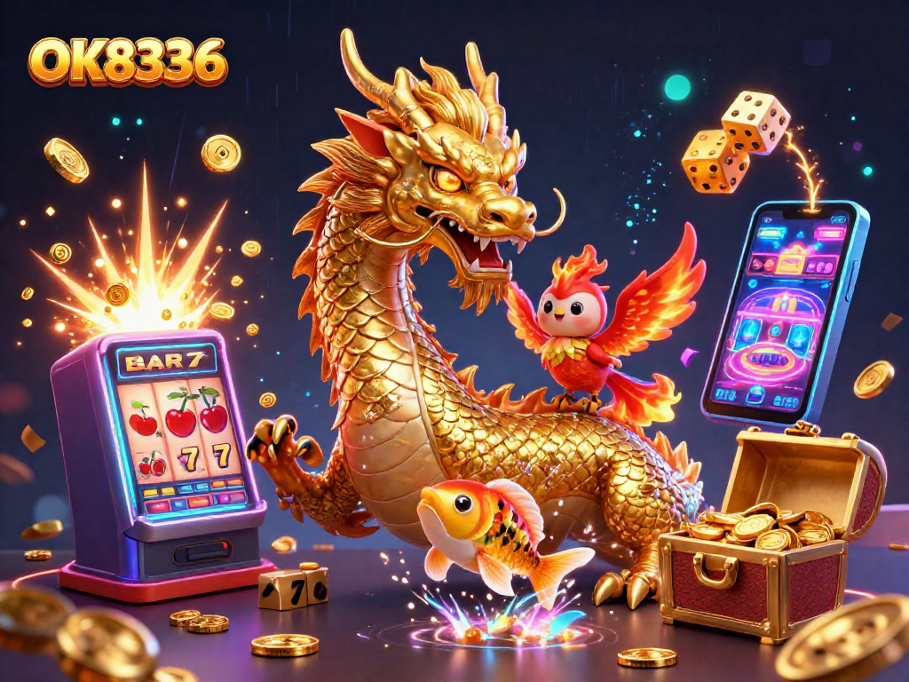 Experience the excitement of OK8336 with a golden dragon and vibrant casino elements in a dazzling 3D scene.