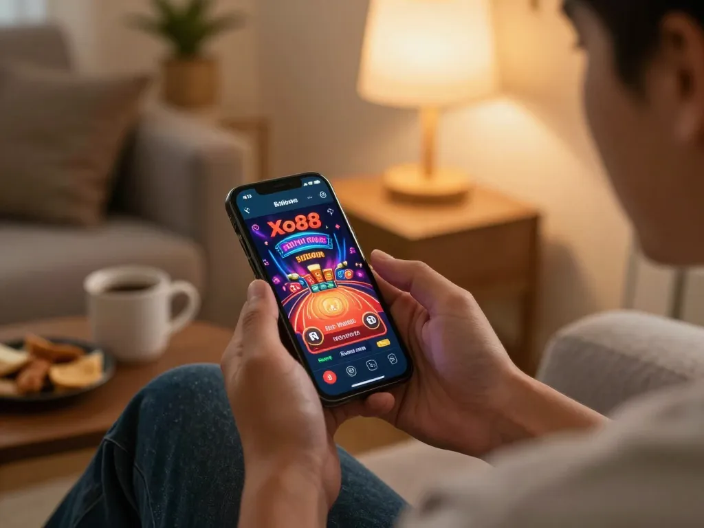 Engaging gameplay with the App Xo88 mobile interface displayed on a smartphone, in a cozy home setting.