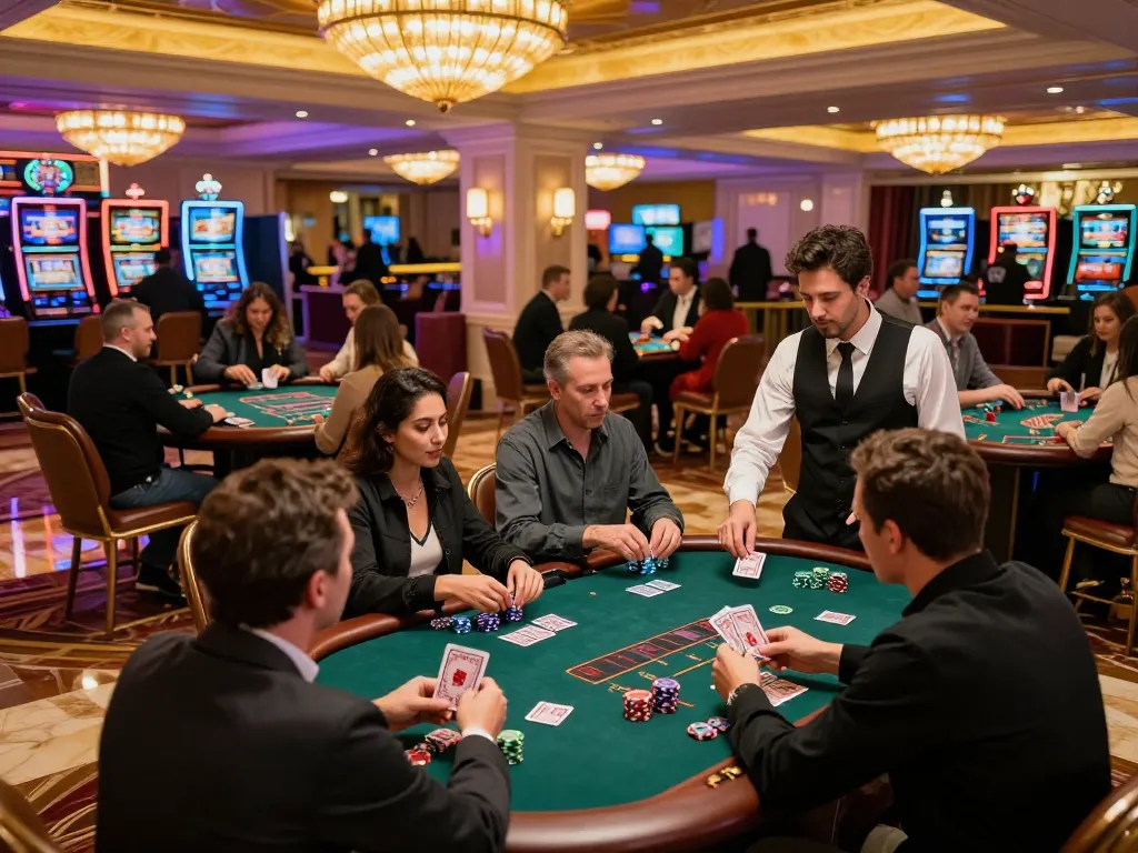 MAX88 players enjoying intense blackjack games at an upscale casino with vibrant lighting.