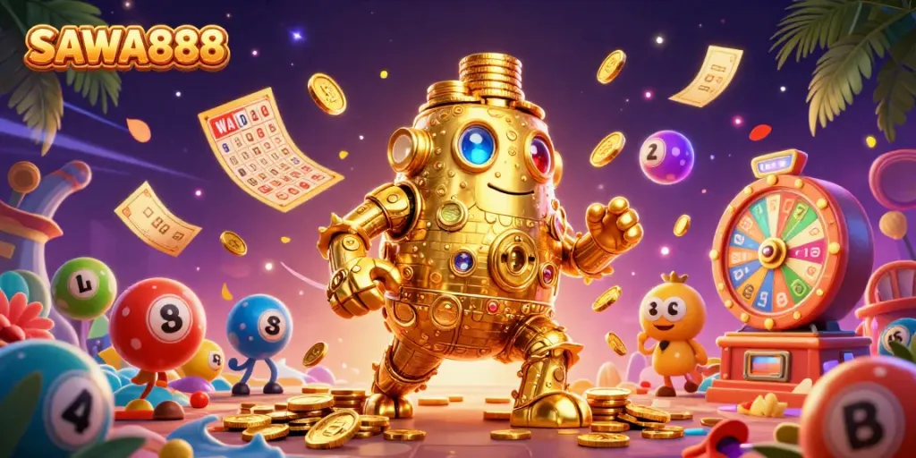 Experience the vibrant world of online gaming with SAWA888, featuring a golden golem and lottery elements.