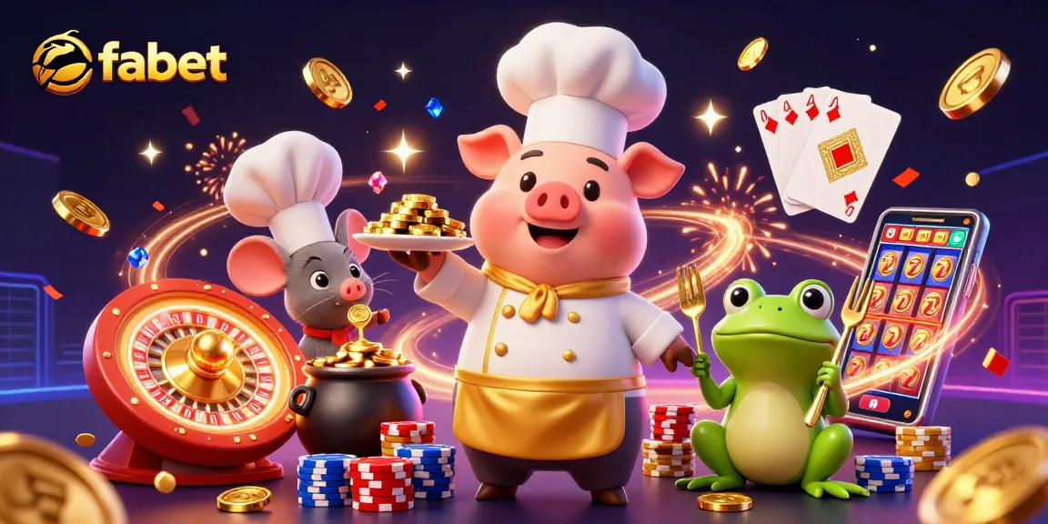Experience the excitement of fabet with a vibrant 3D illustration showcasing gold coins, roulette, and playful characters.
