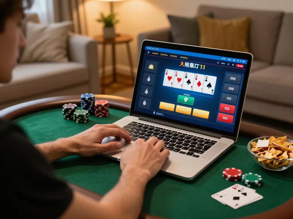Player immersed in online poker at home using laptop for 88VIN entertainment.
