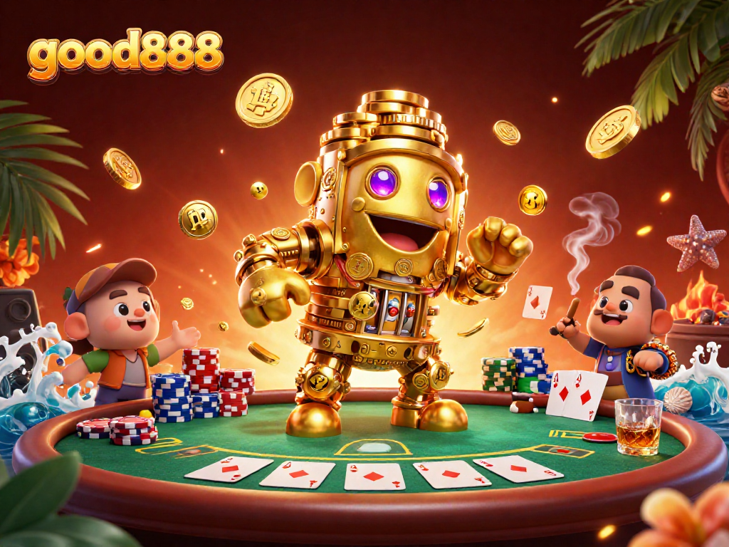 Experience exciting gameplay with good888 as a golden golem guards a vibrant poker scene.