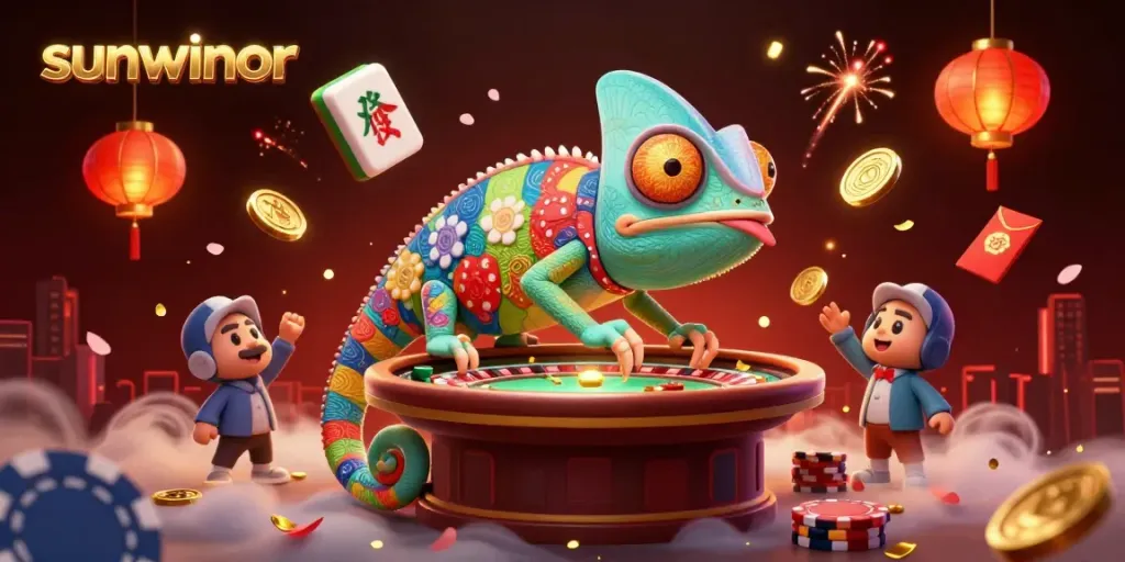 Engage with sunwinor by witnessing a vibrant chameleon casino owner in a dynamic gambling scene filled with colorful game elements.