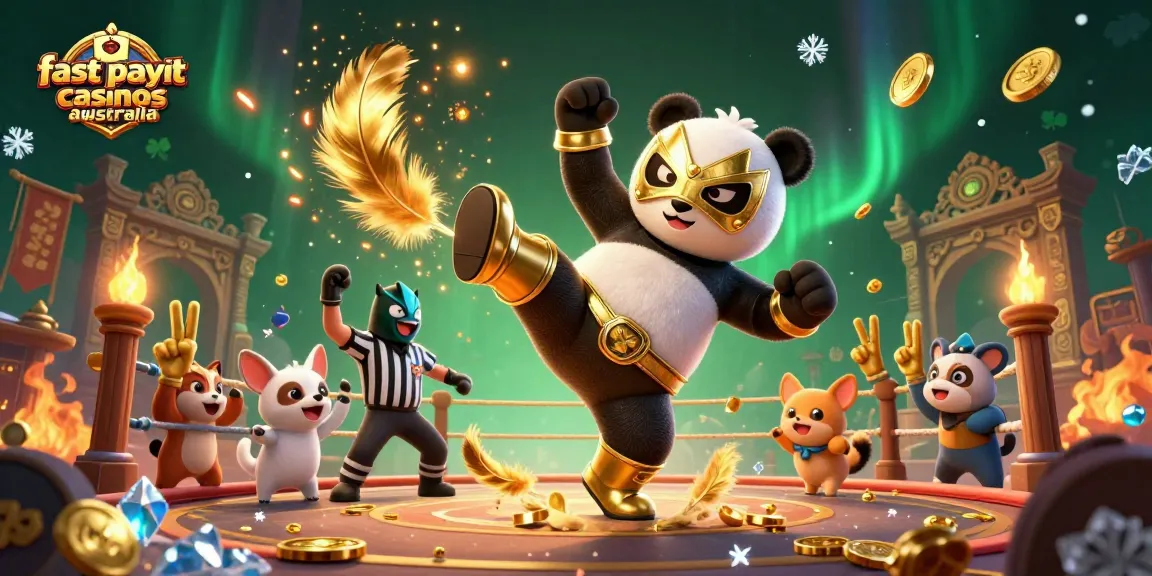 Experience fast payout casinos Australia through an exciting wrestling match with animated characters and casino elements.