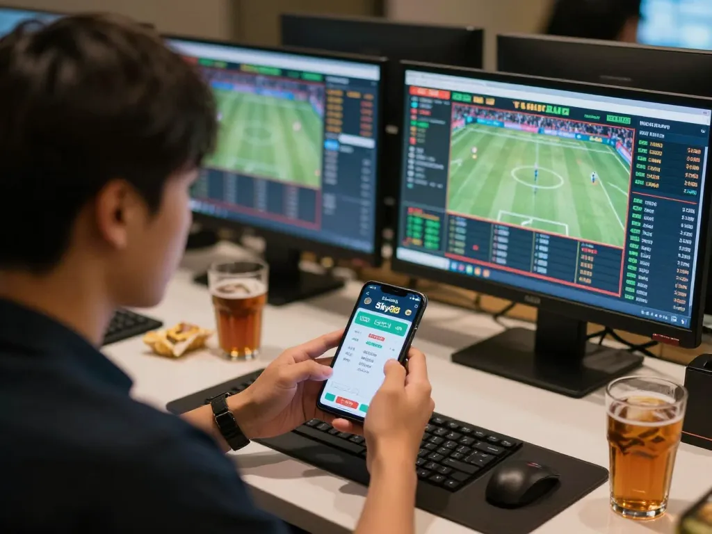 Cá cược Sky88 experience with a focused bettor analyzing live sports odds on multiple screens.