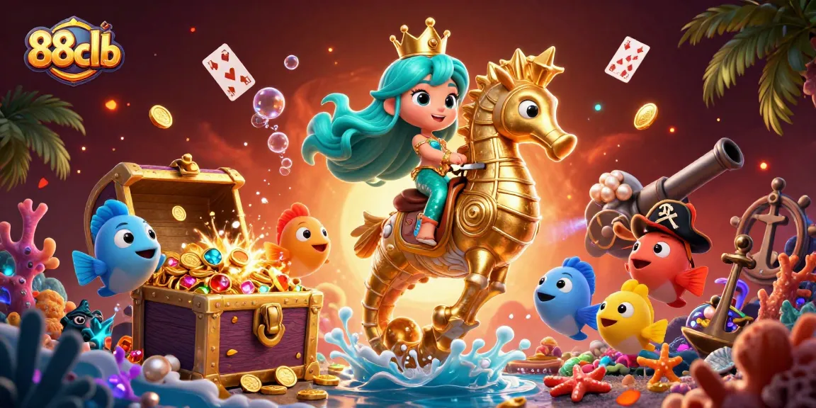 Engage with 88clb's vibrant underwater adventure featuring a mermaid princess and seahorse amongst colorful treasures.