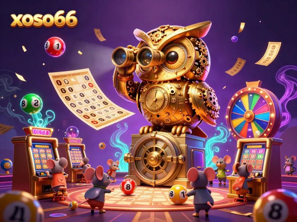 Experience thrilling moments at xoso66 with an enchanting owl, lottery balls, and festive casino rewards.