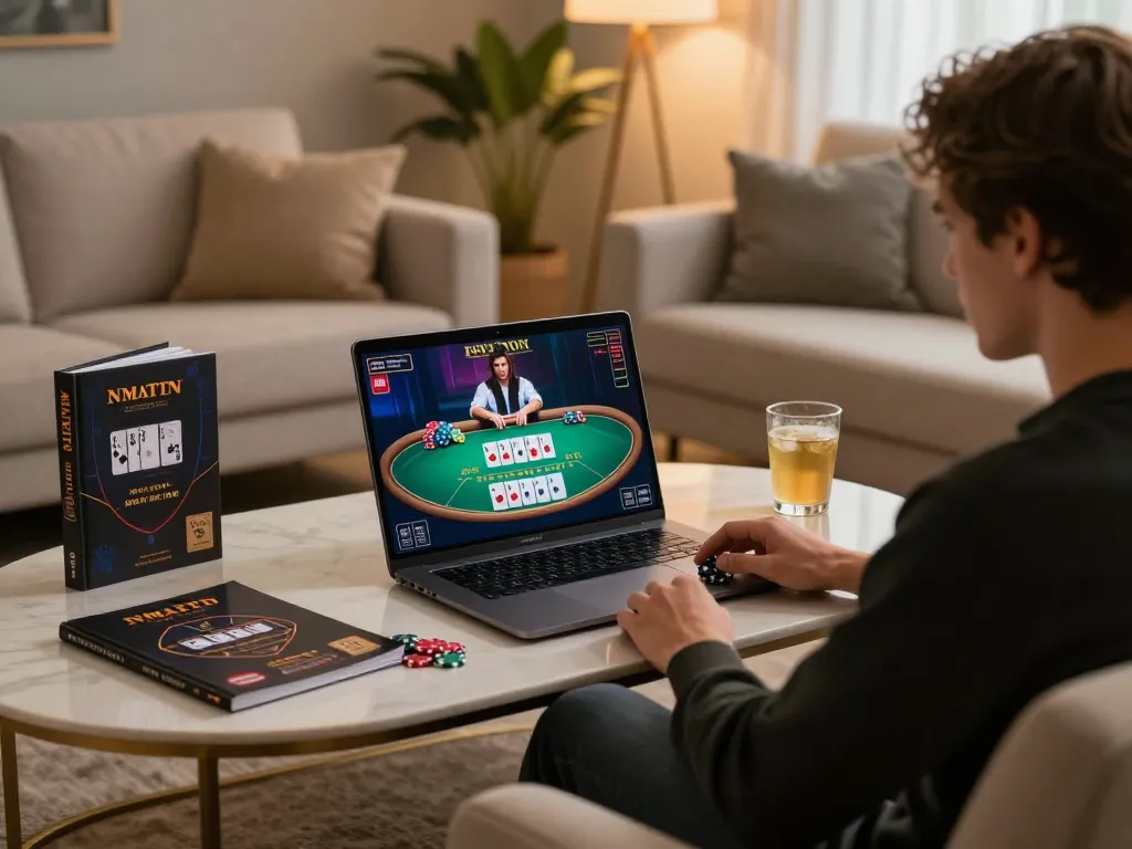 Player enjoying a live dealer blackjack game on laptop, illustrating strategic gambling with lu88.