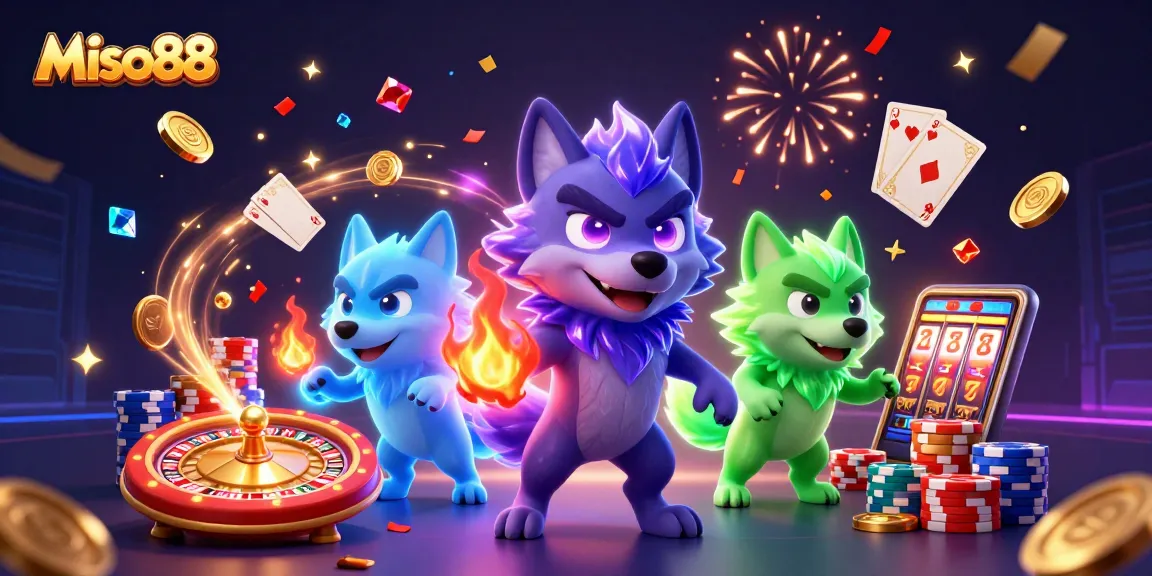 Miso88 offers an immersive gaming experience as glowing wolf characters play amidst a flurry of coins and excitement.