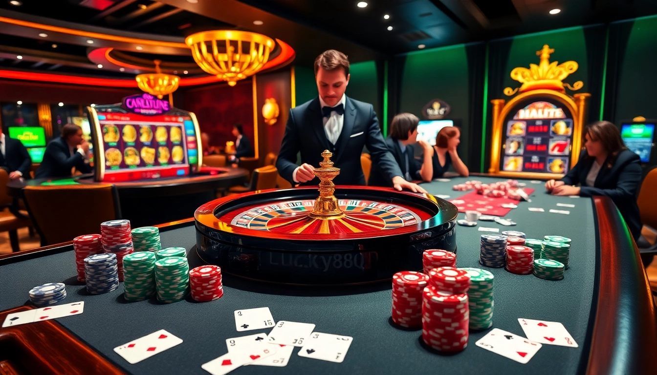 Experience thrilling gameplay at https://lucky88qq.com/ with poker chips, playing cards, and a roulette wheel.