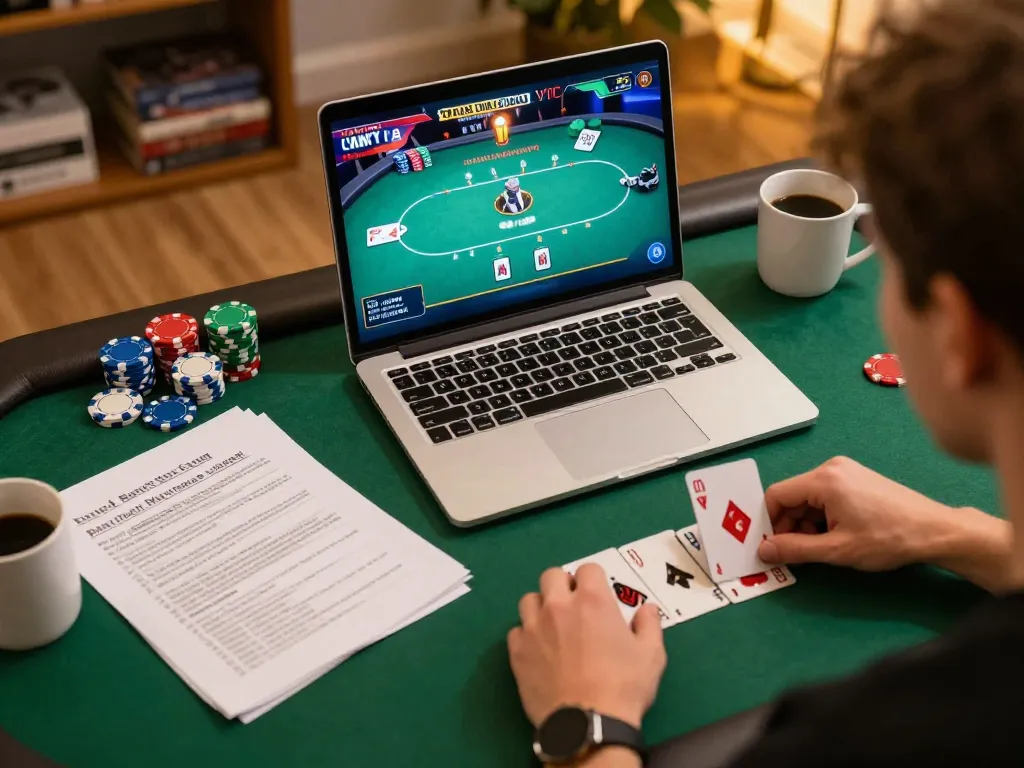 Engage in Đăng ký 9bet with an online poker game setup showcasing strategy notes and a laptop.