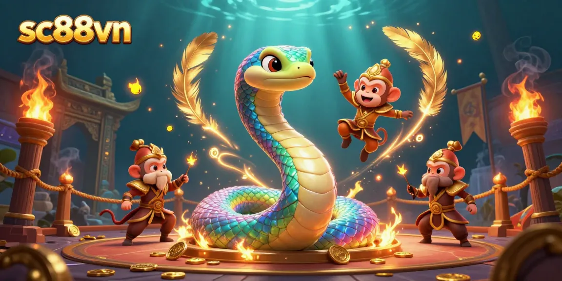 Engage in the colorful action of sc88vn with a 3D rainbow serpent and monkey king in an exciting gambling scene.