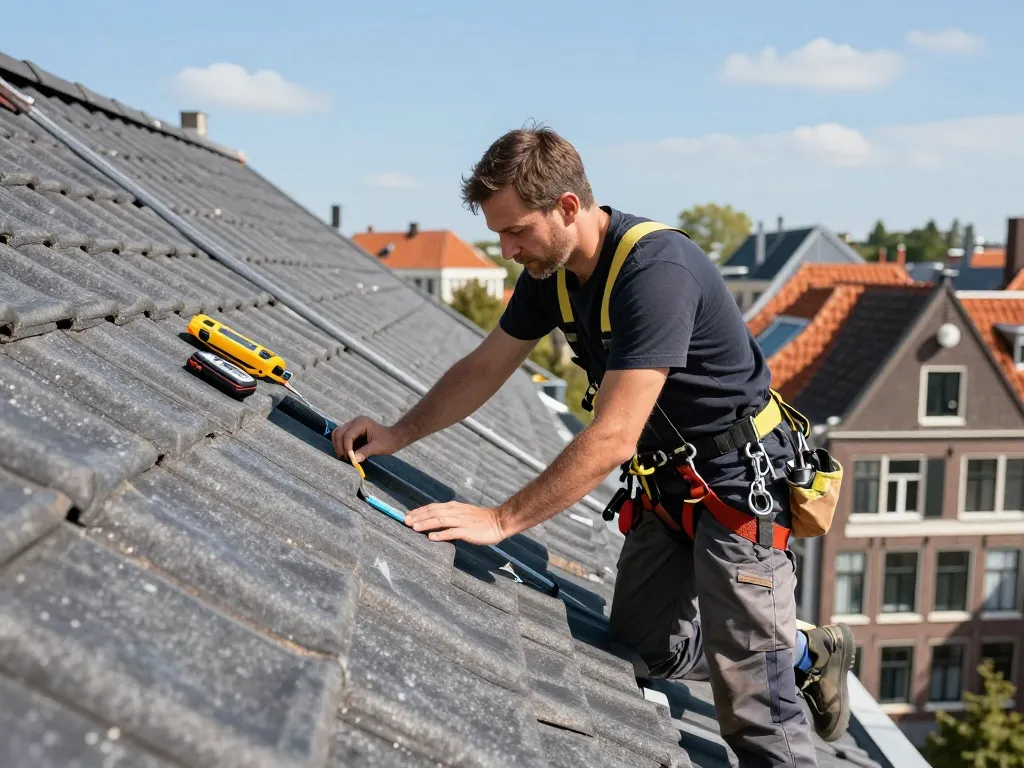 Expert dakdekker Utrecht inspecteert kwaliteitsmaterialen voor daken met gereedschap in de buurt.