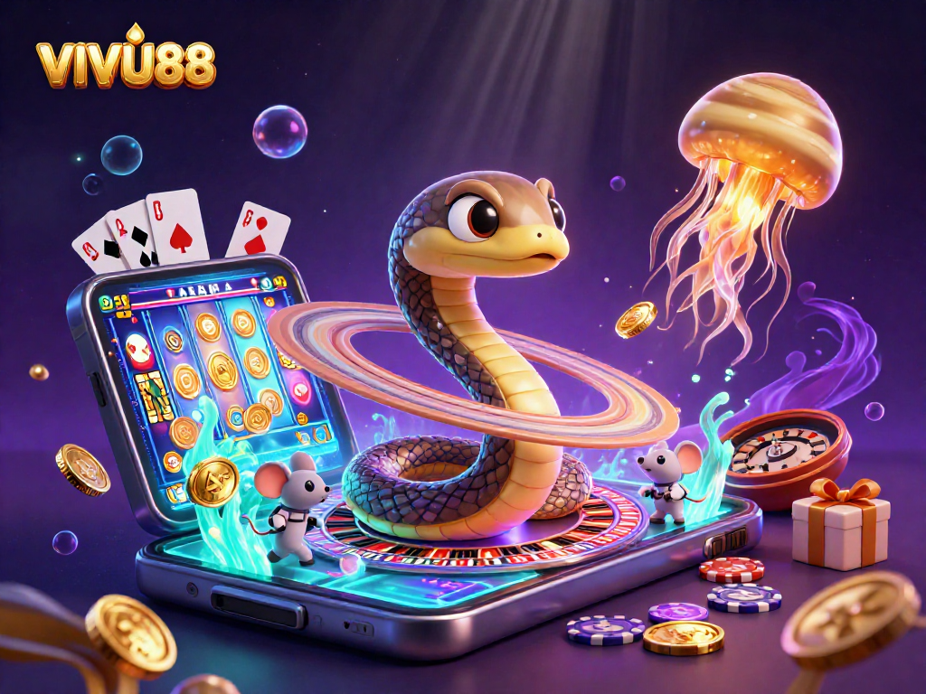 VIVU88 offers thrilling games as astronauts bet on Saturn's roulette rings in this vibrant casino scene.