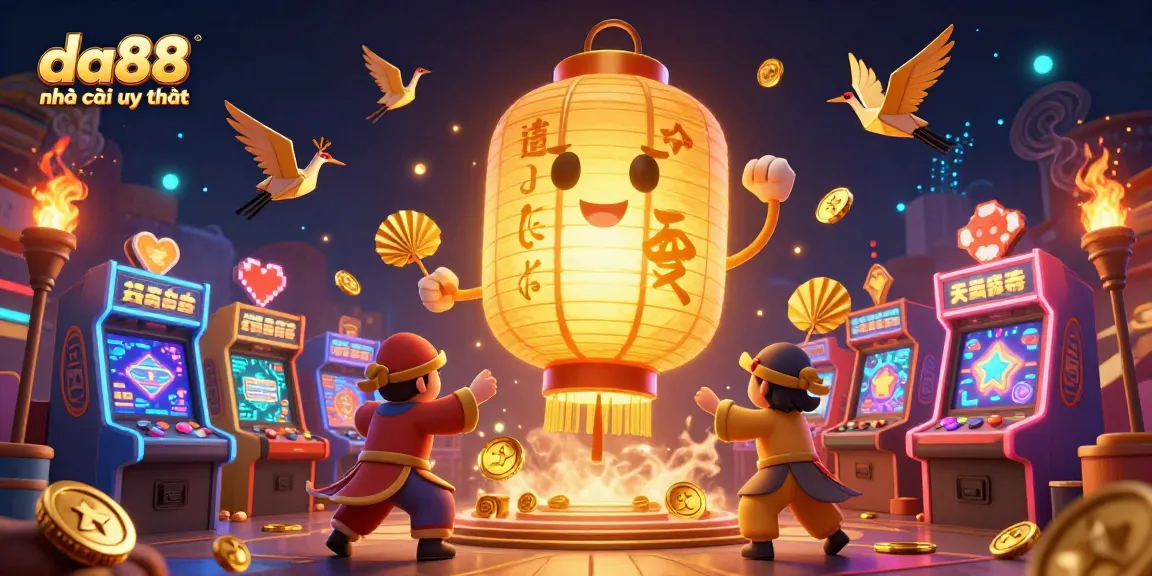 Engage with da88 nhà cái uy tín in this vibrant casino illustration showcasing a golden lantern spirit and arcade gaming elements.