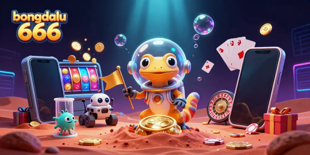 Experience the excitement of bongdalu 666 with vibrant Martian characters exploring a golden casino.