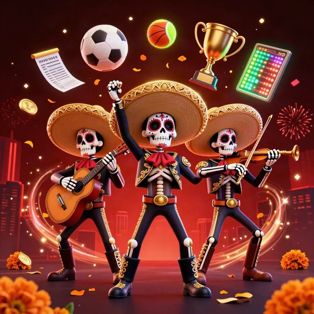 Drie skelet-mariachi’s met sportballen, goud en neonlicht in een explosieve casino-scène