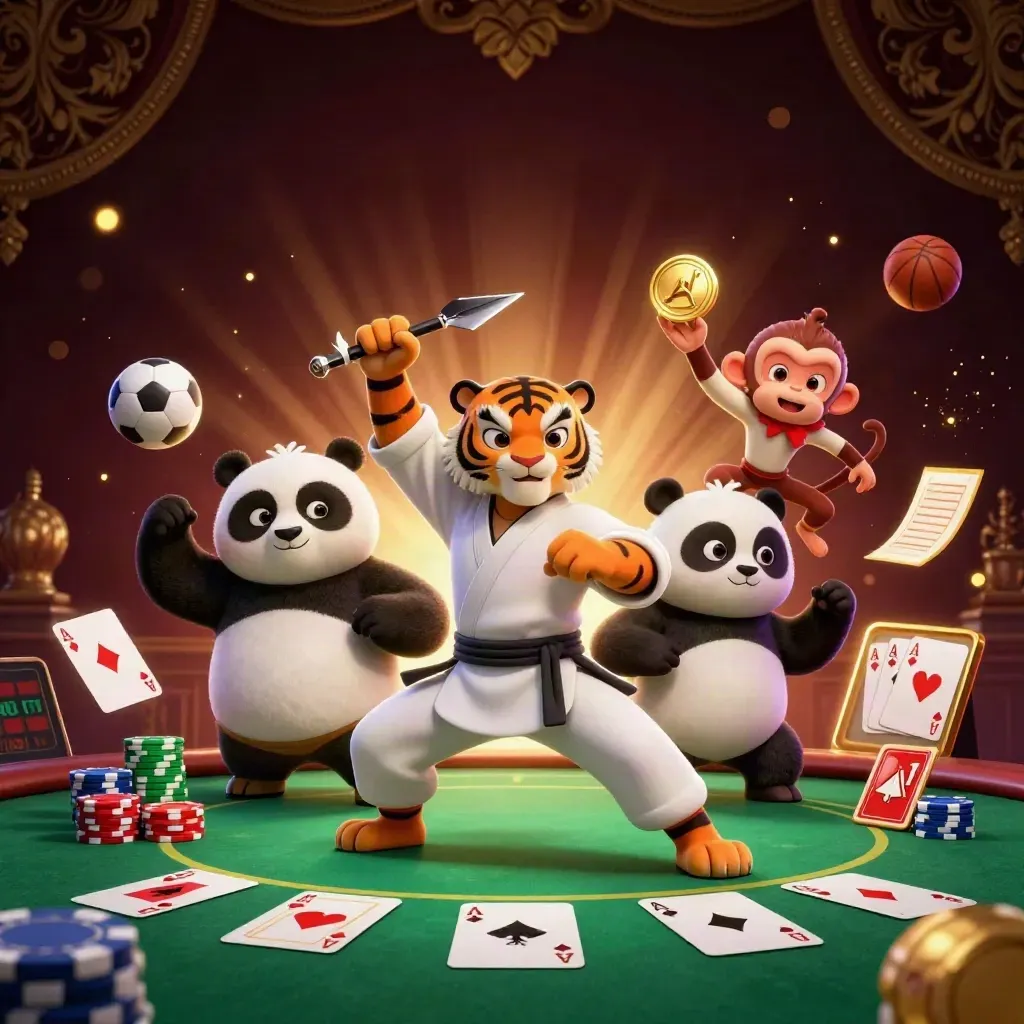 Kungfutijger, panda en aap bij een casinotafel met goud, neongroen licht en sportitems.
