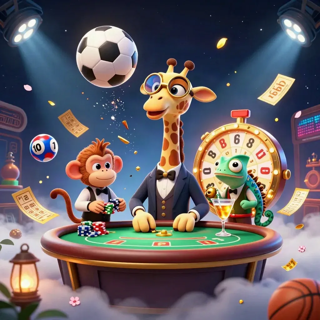 Giraffe, aap en kameleon bij een vliegende voetbal met casino-glans en gouden effecten.