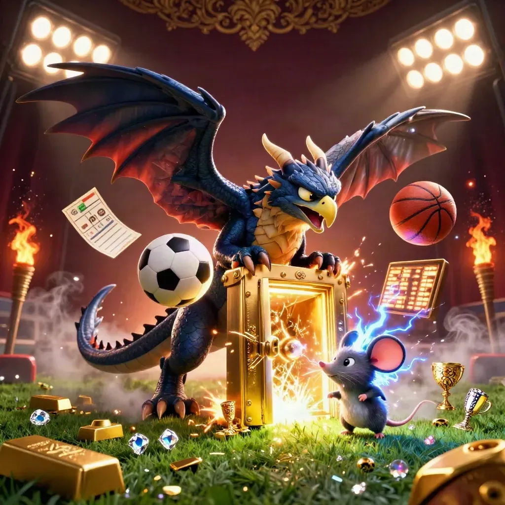 3D draak, havik en muis bij een gouden kluis, sportballen en casino-glans in neon licht.
