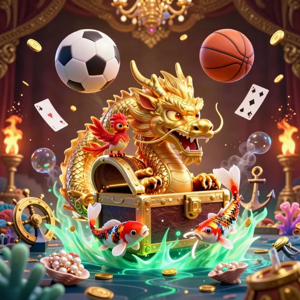Gouden draak, phoenix en koi met ballen, munten en schatten in luxe casino-stijl.