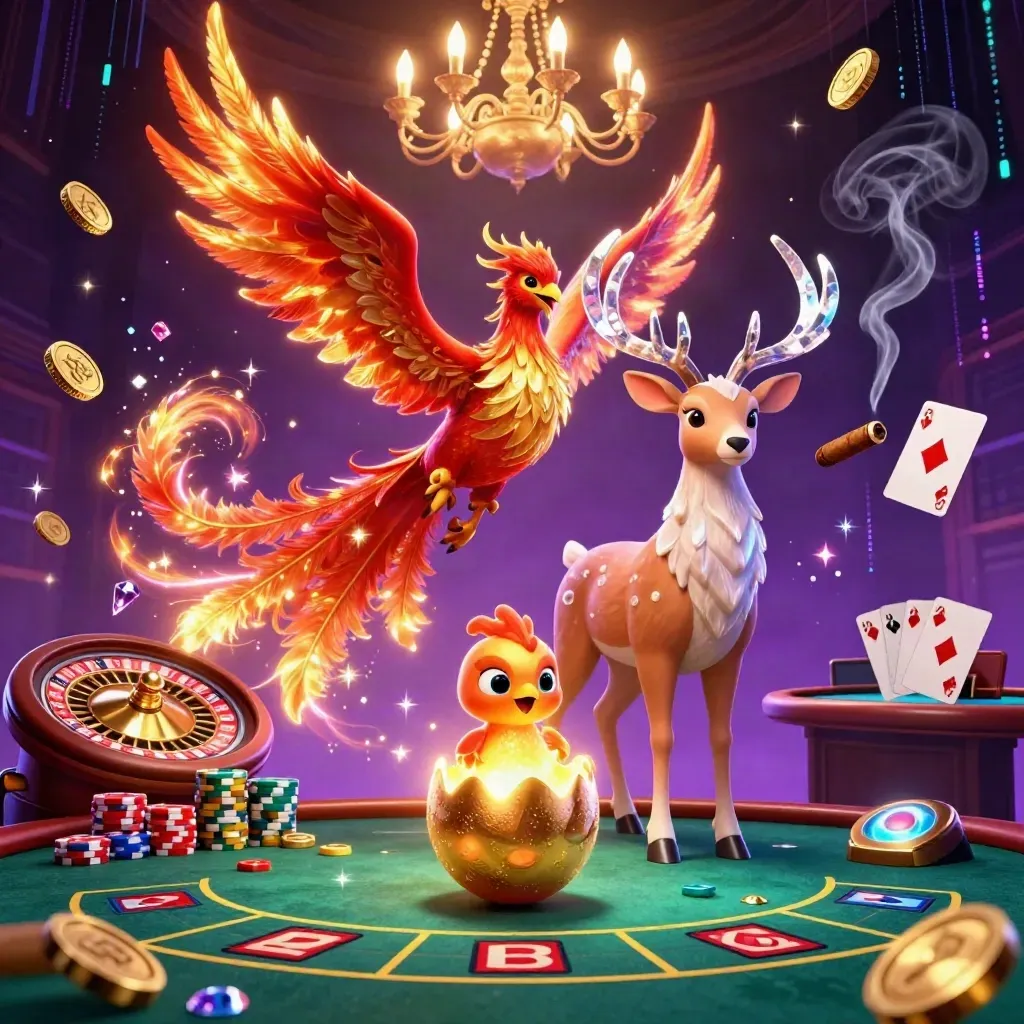 Neonphoenix, babyphoenix en kristallen hert in luxe casino met gouden munten en roulette.