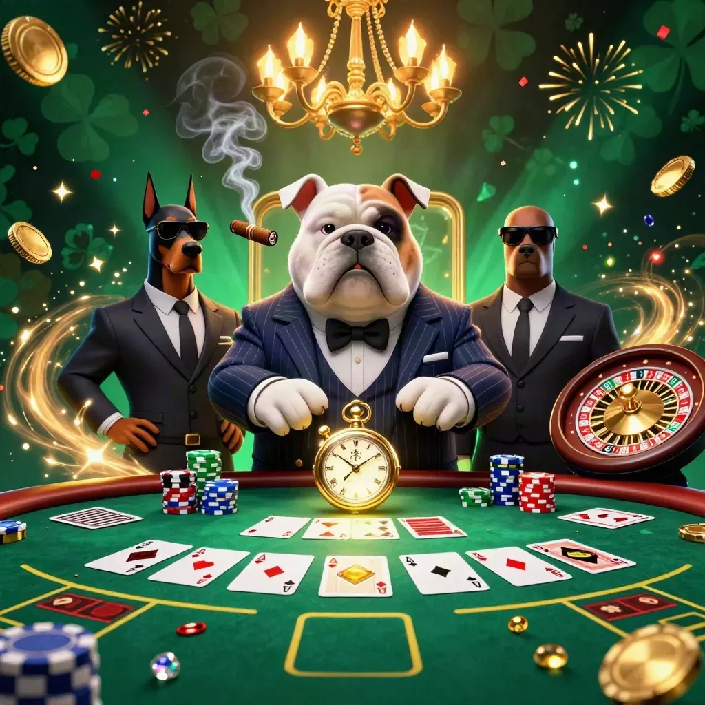 Buldog-baas en twee Dobermans aan poker en roulette in een groen-gouden casino.