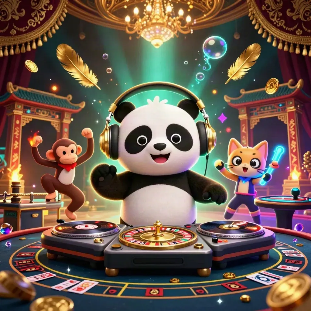 Panda-dj, dansende aap en lichtgevende kat in luxe casino-scène.