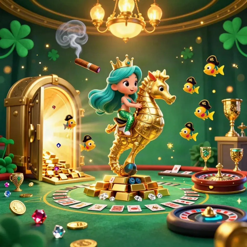 Zeemeermin op goudpantser-zeepaardje in een luxe casino vol schatten en groene glans.