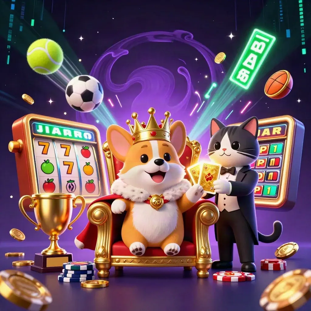 Koninklijke corgi en kattenbutler met trofee, sportballen en neon casino-energie