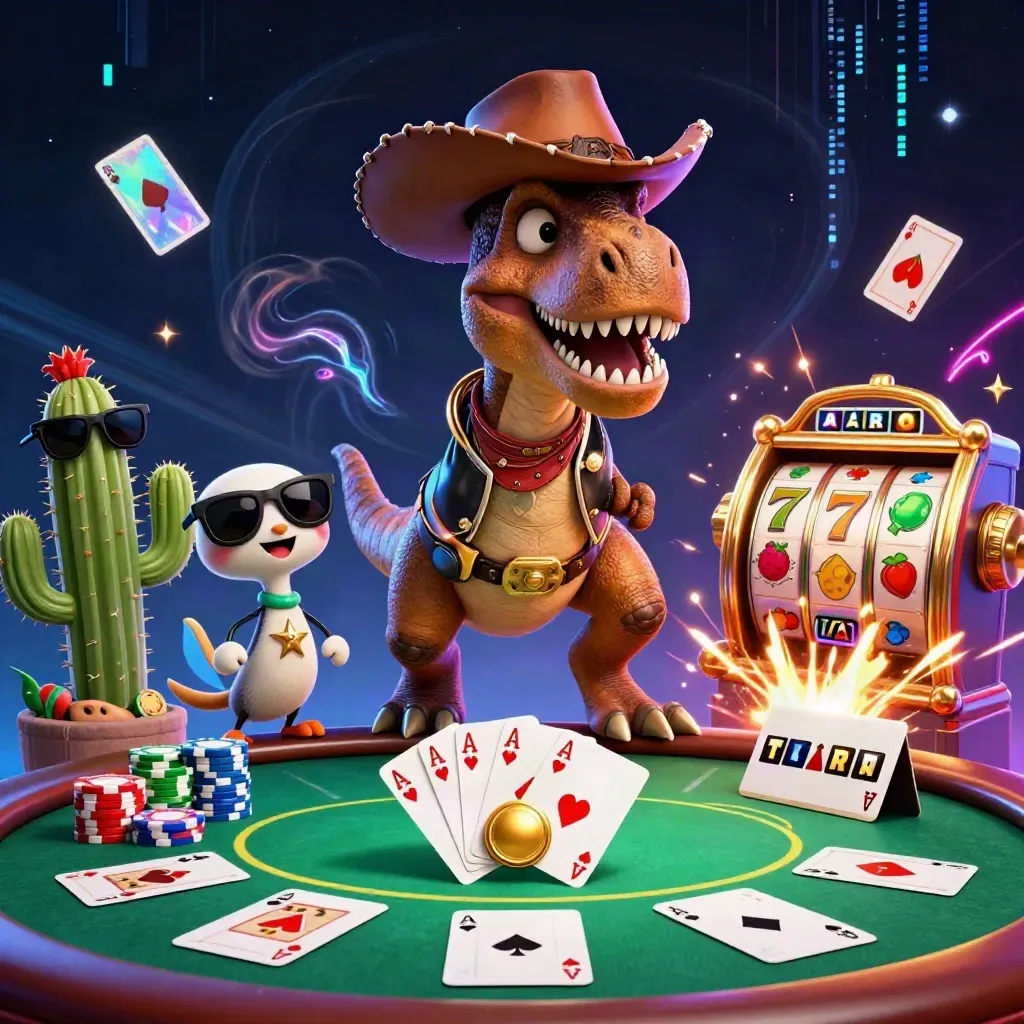 Cowboy-t-rex, cactus en road runner tussen pokerchips, kaarten en neon casino-energie.