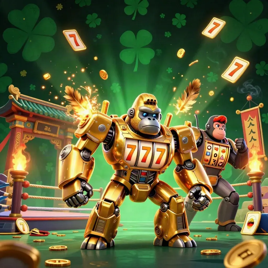 Gouden gorillamech met apenpiloot, groene casino-magie en rondvliegend goud bij tempelpoort.