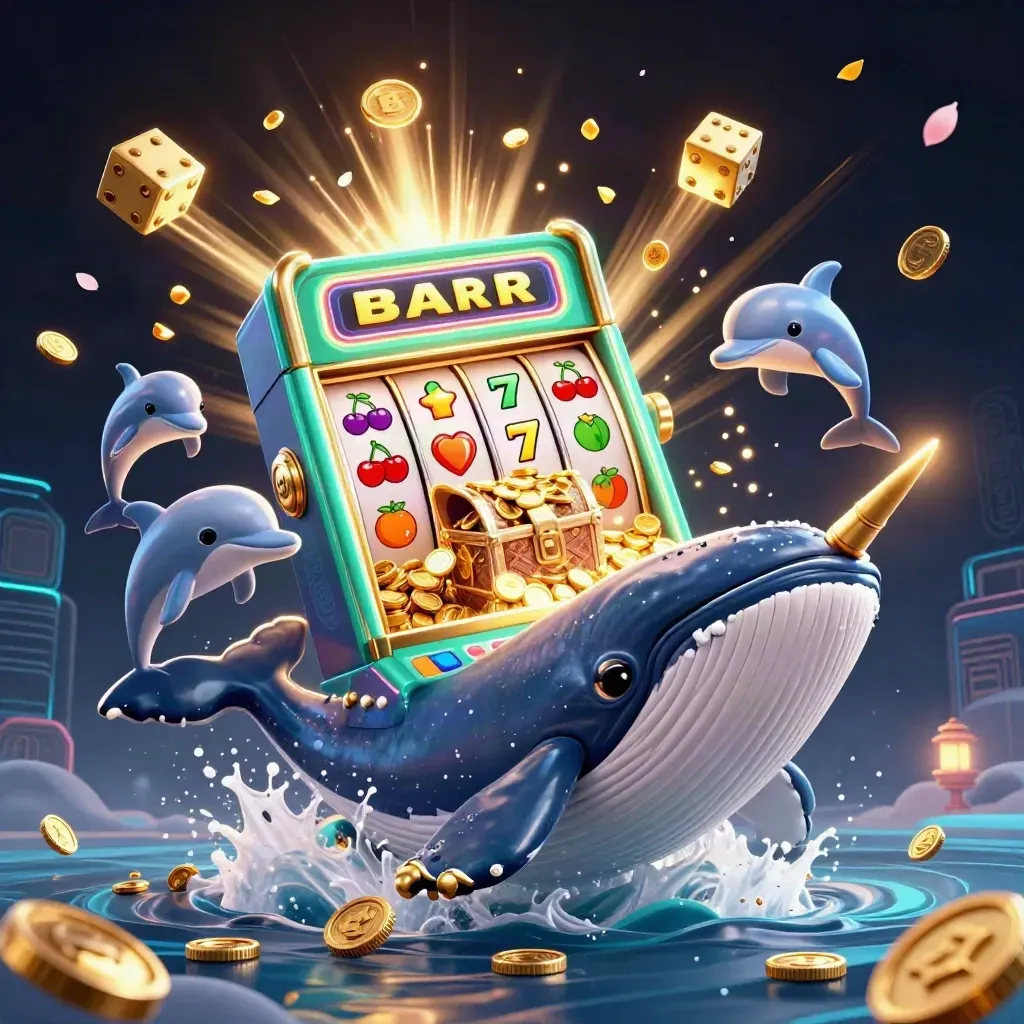 Reusachtige walvis, narwal en dolfijnen tussen goud, dobbelstenen en neon casino-vuurwerk.