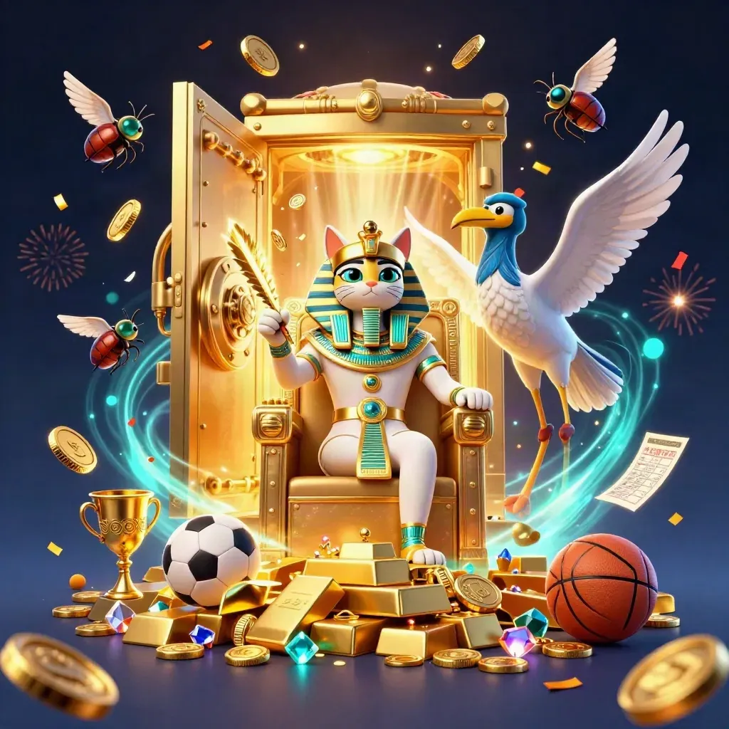 Pharaohkat op troon met ibis, scarabeeën, goud, ballen, vuurwerk en neon casino-gloed