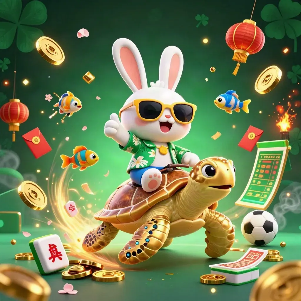 Geluks-konijn op gouden zeeschildpad met feestelijke casino-items en goudexplosie.