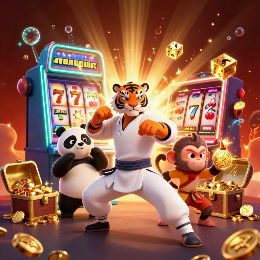Tijger, panda en aap bij een openbarstende gokkast met gouden munten en neon gloed
